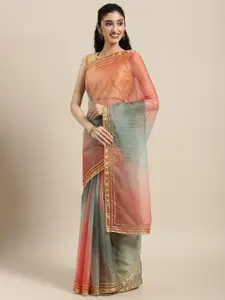 Geroo Jaipur Peach-Coloured & Green Ombre Gotta Patti Organza Saree
