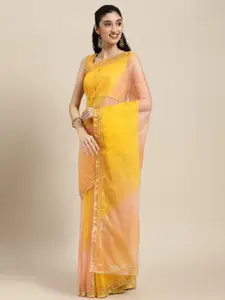 Geroo Jaipur Peach-Coloured & Yellow Ombre Gotta Patti Organza Saree