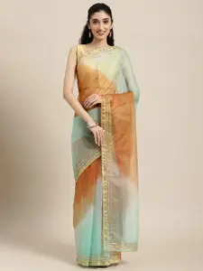 Geroo Jaipur Brown & Blue Ombre Gotta Patti Organza Saree