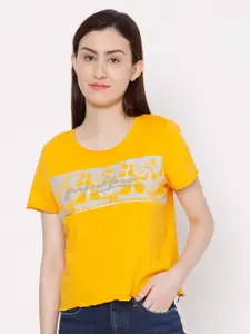 SPYKAR Women Yellow Typography Printed Applique T-shirt