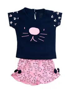 MeeMee Girls Navy Blue & Pink Printed Top with Shorts