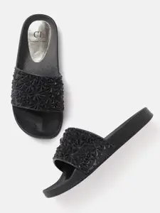 Carlton London Women Black Textured Shimmer Open Toe Flats