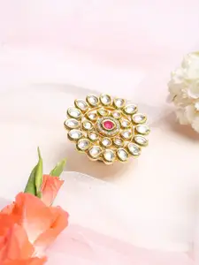 Ruby Raang Woman Gold-Plated White & Red Kundan-Studded Handcrafted Finger Ring
