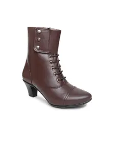 VALIOSAA Women Brown Solid High-Top Heeled Boots