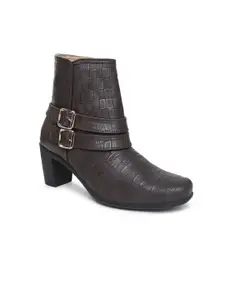 VALIOSAA Brown Textured Block Heeled Boots with Buckles