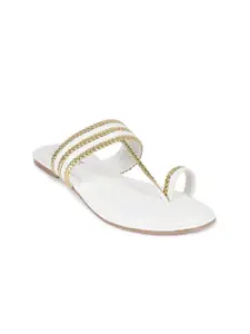 Vishudh Women White & Gold-Toned Embellished One Toe Flats