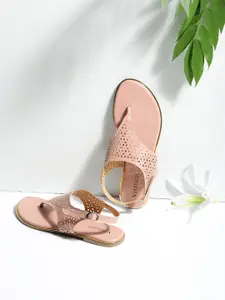 Vishudh Women Peach-Coloured Textured T-Strap Flats with Laser Cuts