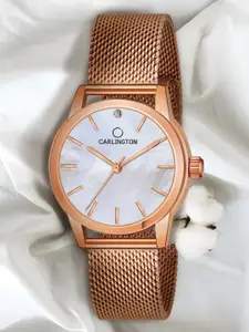 CARLINGTON Women Silver-Toned Mother of Pearl Dial & Rose Gold Toned Stainless Steel Bracelet Style Straps Watch