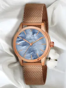 CARLINGTON Women Blue Embellished Dial & Rose Gold Toned Stainless Steel Bracelet Style Straps Analogue Watch