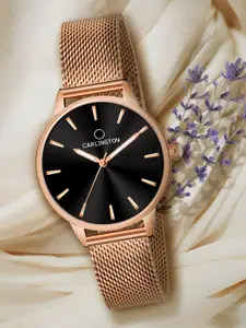 CARLINGTON Women Black Dial & Rose Gold Toned Stainless Steel Bracelet Style Straps Analogue Watch