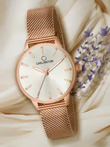 CARLINGTON Women Cream-Coloured Dial & Rose Gold Toned Stainless Steel Bracelet Style Straps Analogue Watch