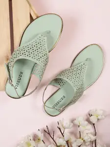 Vishudh Women Sea Green T-Strap Flats with Laser Cuts