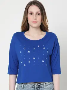 Vero Moda Women Blue & White Typography Printed Round Neck T-shirt