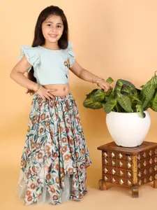 LIL DRAMA Girls Blue & Orange Embroidered Ready to Wear Lehenga Choli