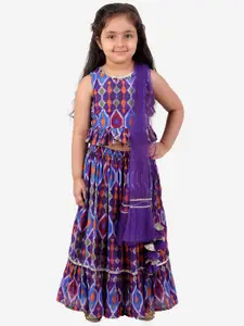 LIL DRAMA Girls Purple & Blue Printed Sequinned Ready to Wear Lehenga & Blouse With Dupatta