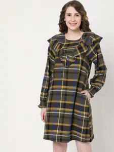 Vero Moda Women Olive & Yellow Checked Round Neck Shirt Dress