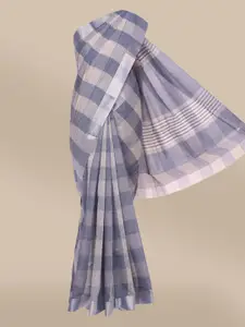 The Chennai Silks Blue & Silver-Toned Checked Cotton Saree