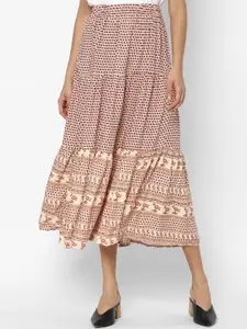AMERICAN EAGLE OUTFITTERS Women Beige & Pink Floral Printed Tiered Midi Skirt