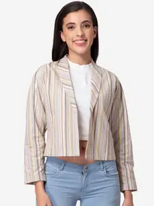 DEEBACO Women Grey Pure Cotton Striped Blazer With Shawl Collar