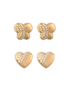 ZINU Pack of 2 Gold-Toned Heart and Butterfly Studs Earrings