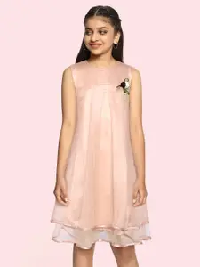 YK Girls Pink Floral Applique Net A-Line Dress