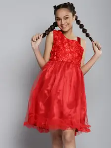 YK Girls Red Floral Applique One Shoulder Fit & Flare Dress