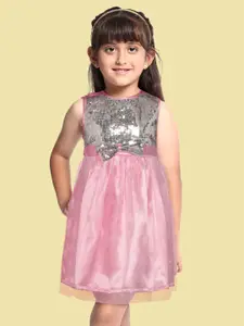 YK Girls Pink & Silver Sequinned Fit & Flare Dress