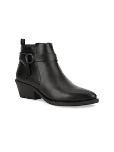 Bruno Manetti Black Leather Block Heeled Boots with Buckles