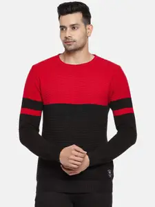 People Men Red & Black Colourblocked Cotton Pullover