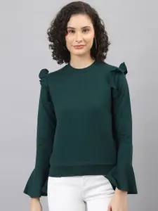 DEEBACO Women Green Classic Ruffled Sweatshirt