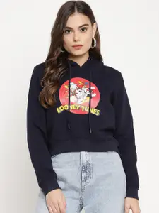 Madame Women Navy Blue Looney Tunes Printed Hooded Crop Sweatshirt