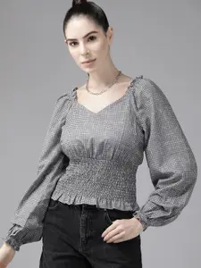 Roadster Grey & White Geometric Print Sweetheart Neck Cinched Waist Top