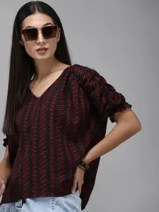 Roadster Red & Black Conversational Print V-Neck Ruched Puff Sleeves Ruffles Regular Top
