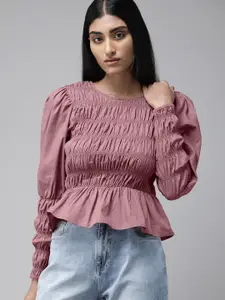 The Roadster Lifestyle Co Pink Solid Smocking Puff Sleeves  Pure Cotton Peplum Top
