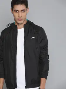 Slazenger Men Black Reflective Strip Solid Hooded Running Rapid-Dry Jacket