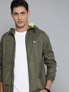 Slazenger Men Olive Green Reflective Strip Solid Hooded Running Rapid-Dry Jacket