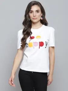 SASSAFRAS Women White Typography Printed Puff Sleeves Pure Cotton T-shirt