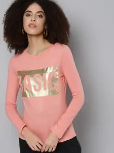 SASSAFRAS Women Pink Typography Printed T-shirt