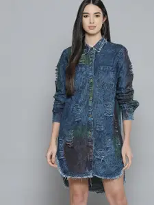 SASSAFRAS Women Navy Blue Highly Distressed Denim Pure Cotton High-Low Hem Shirt Dress