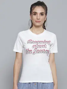 SASSAFRAS Women White Typography Printed V-Neck Pure Cotton T-shirt