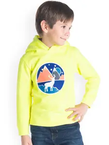 Cherry Crumble Boys Fluorescent Green Printed Hooded Sweatshirt