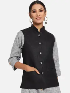 Vastraa Fusion Women Black Solid Woven Nehru Jacket
