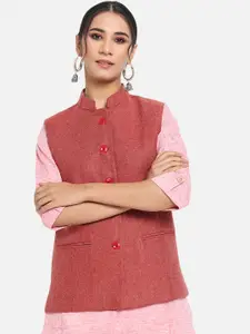 Vastraa Fusion Women Red Solid Woven Woolen Nehru Jacket
