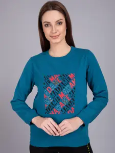Madame Madame Women Teal & Pink Graphic Printed Fleece Sweatshirt