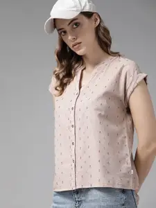 Roadster Women Dusty Pink Self Design Pure Cotton Casual Shirt
