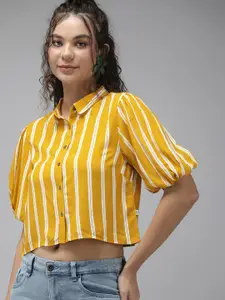 The Roadster Lifestyle Co Women Mustard And White Striped Crop Casual Shirt