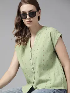 Roadster Women Green Self Design Pure Cotton Casual Shirt