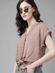 The Roadster Lifestyle Co. Women Mauve Self-Striped Casual Shirt With Knot Detail