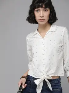Roadster Women White Regular Fit Textured Opaque Self Design Crop Casual Shirt