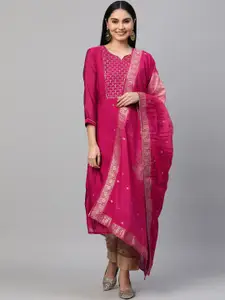 FASHOR Women Pink Ethnic Motifs Embroidered Chanderi Silk Kurta with Banarasi Dupatta